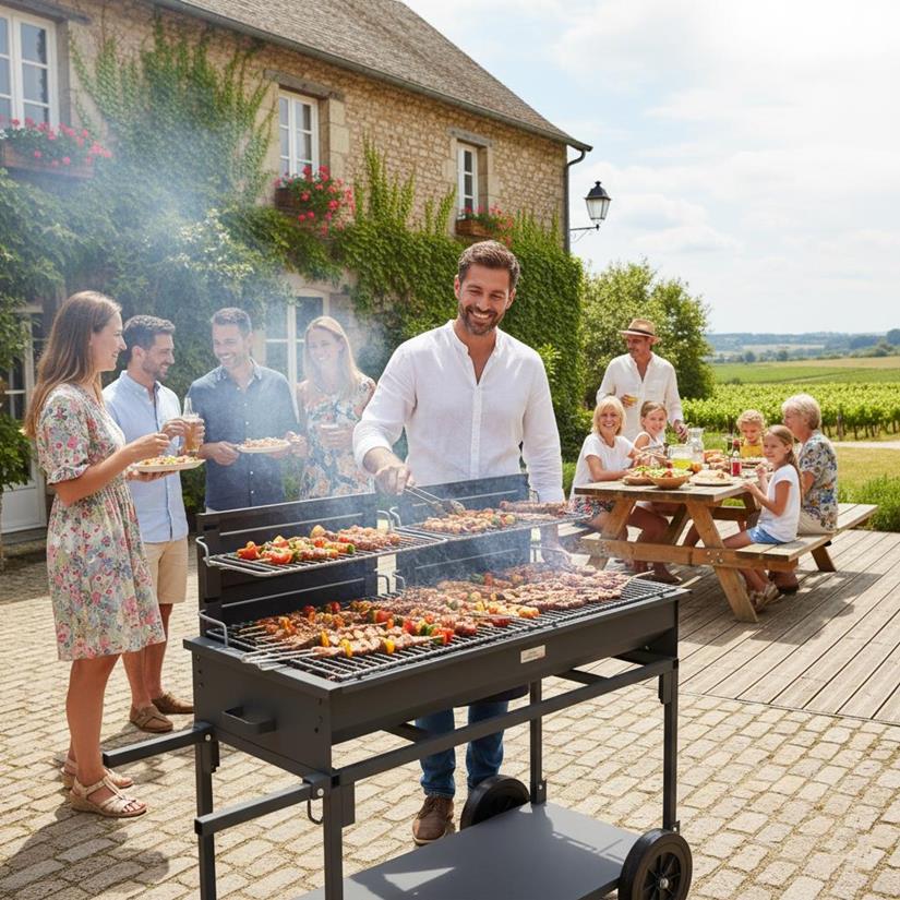 BARBECUE XL DOUBLE FOYERS AVEC CHARIOT