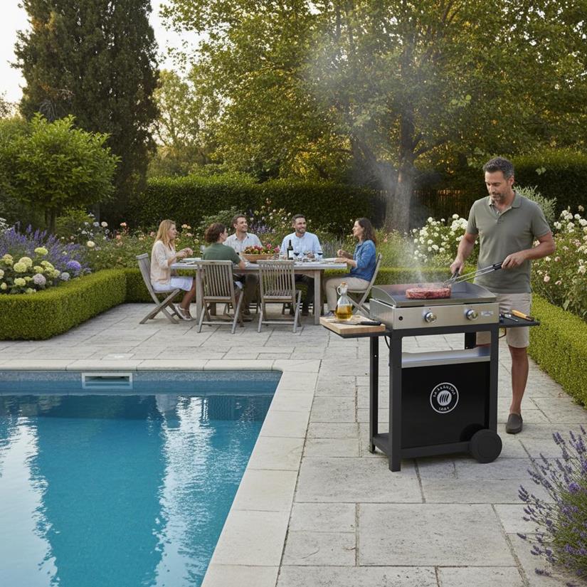 La Plancha Inox Duo Edition : Plancha 260 Gaz + Chariot Noir + Couvercle Inox+ Porte Épices Et Rideau