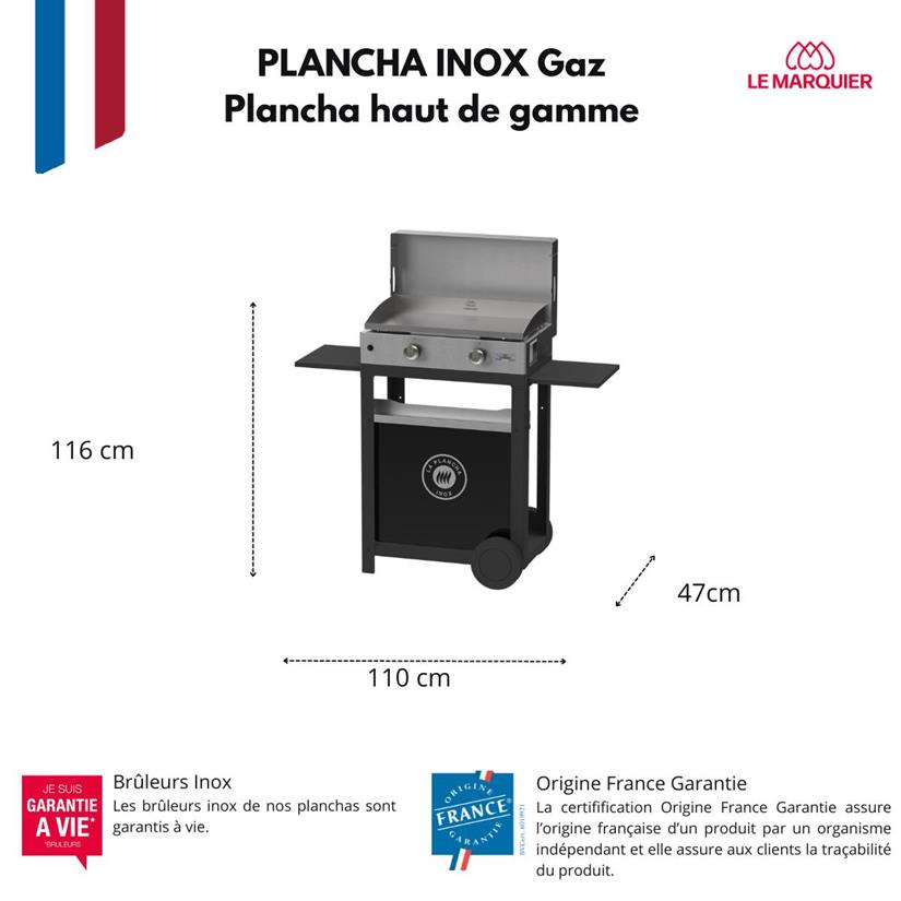 La Plancha Inox Duo Edition : Plancha 260 Gaz + Chariot Noir + Couvercle Inox+ Porte Épices Et Rideau